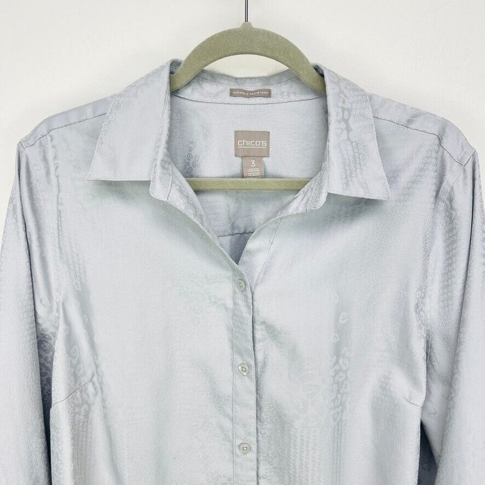 Chico's Silver Satin Leopard Jacquard Button Up Blouse XL Easy Care Work Travel - Picture 3 of 10